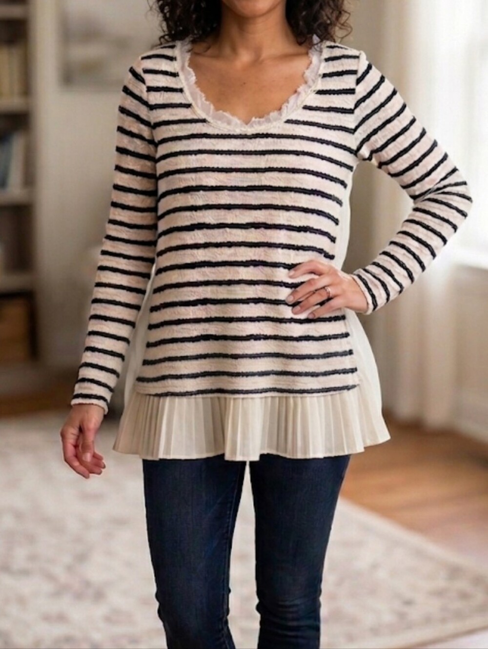 Anthropologie Postmark Striped Textured Pleated Ruffle Coastal Nautical Top